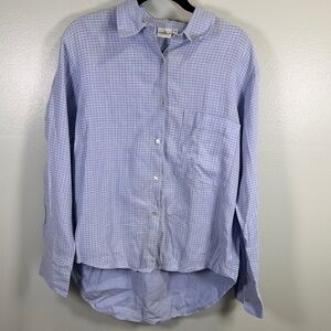 Allen‎ Allen Linen Sky Blue Checked High-Low Button-Down Shirt Sz Large